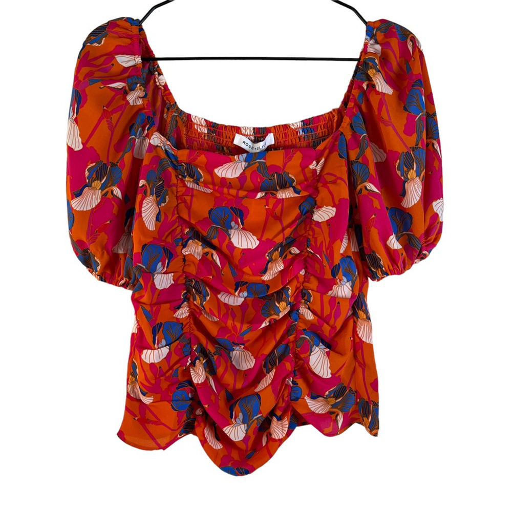 Rose & Olive Womens Blouse Orange Floral Short Sleeve Smocked Ruched Boho XS New